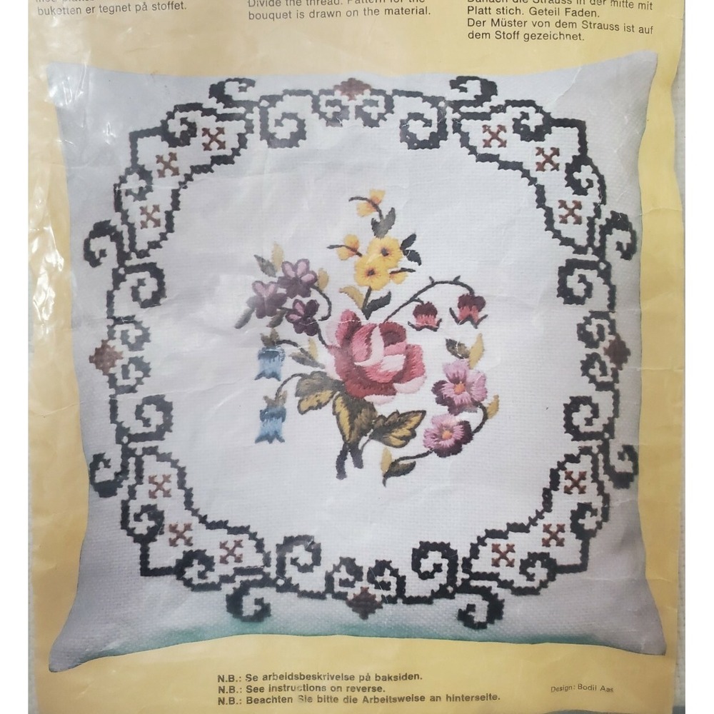 Vintage BMB Floral Pillow Counted Cross Stitch Kit Wool Norway Dutch 14 x 14